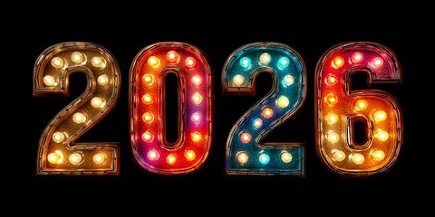 The numbers "2026" made of light bulbs, in a retro style, with colorful lights against a black background.