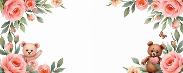 Cute teddy bears with pink roses, soft flowers, green leaves frame blank white background. One bear waves, another holds heart. Butterfly flies nearby. Sweet gentle floral design for baby themes,