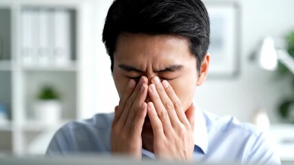 Asian Businessman Feeling Eye Strain And Fatigue While Working In The Office