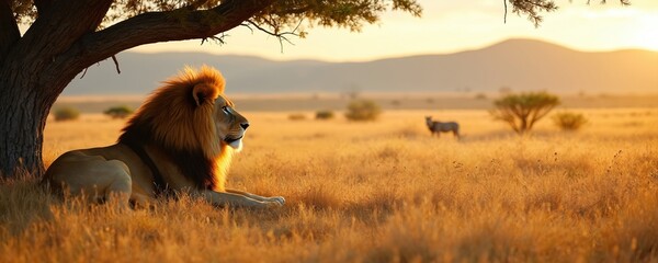 Lion rests beneath acacia tree observing distant zebra in golden savanna grassland. Majestic feline surveys territory at sunset, African wildlife, predator behavior. Warm light illuminates landscape