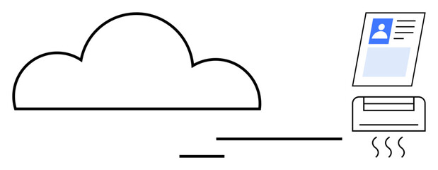 Cloud computing concept. Cloud technology enables seamless file transfer and remote document printing. Cloud storage, digital document management, and connected devices. Great for tech, office