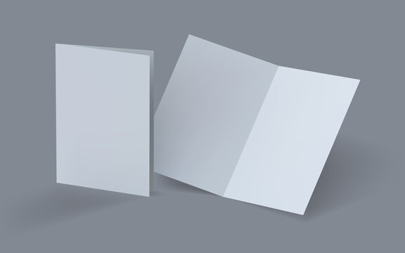 Invitation template. Blank folded flyer, booklet, postcard, business card or brochure mockup template on grey background. A4 sheet folded in half