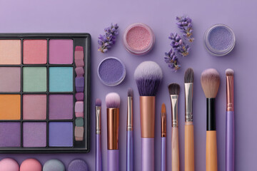 Assorted makeup products and brushes on a purple background.
