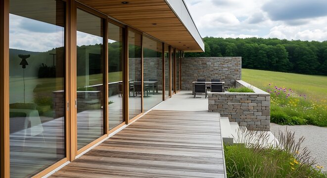 Modern Architecture with Floor-to-Ceiling Windows and Wooden Deck Overlooking a Lush Green Landscape.