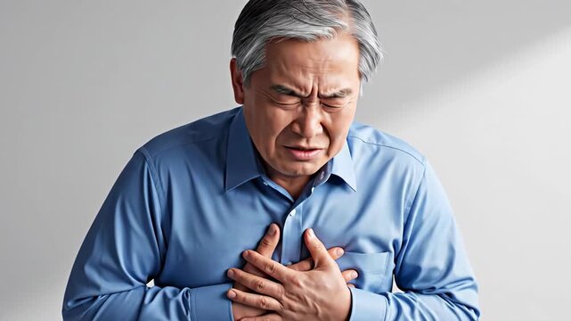 Elderly Asian Man Experiencing Chest Pain and Grasping His Heart in Distress