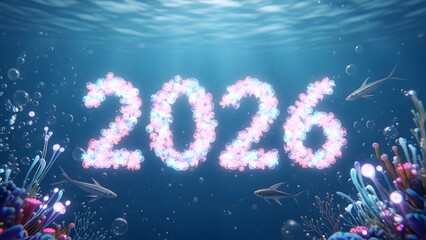 Underwater scene with glowing year of twenty twenty six and fish swimming around coral reefs