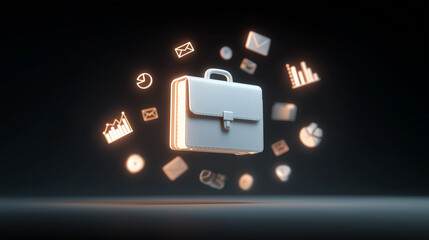A glowing briefcase floating mid-air with business icons (email, graphs, charts) orbiting around it dark background with spotlight