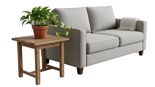A light gray couch with a wooden side table and a potted plant, blanket