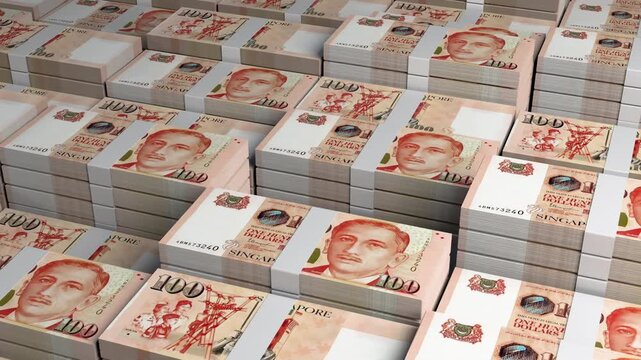 Singapore 100 Dollar Banknote Horizontal 3D Animation ? Alternate Realistic Style Showing Financial Money Flow, Business Investment, Banking, Economy, and Currency Exchange Concept