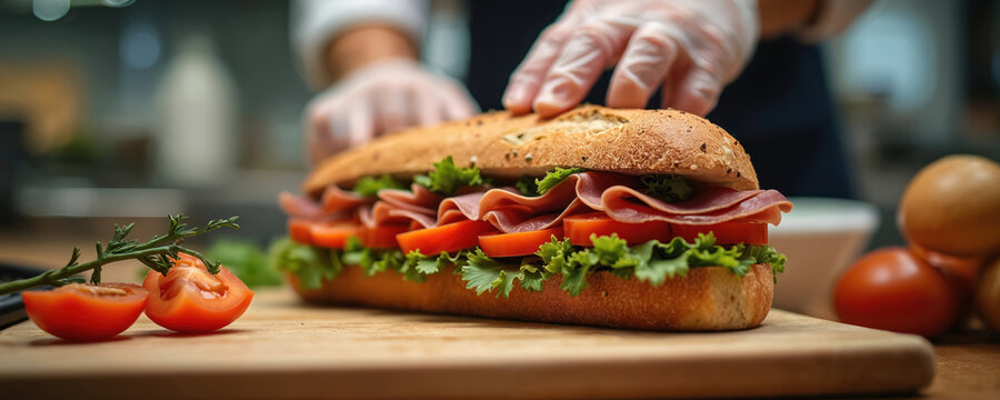 Chef prepares sandwich with salami lettuce tomatoes on wooden board. Close up view deli worker making big sandwich on wooden table in food preparation area. Gourmet dish.