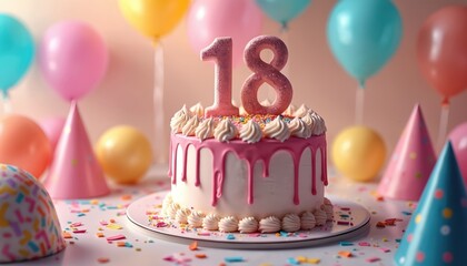Pink white birthday cake with number 18 on top sits on table. Colorful balloons, party hats, confetti scatter around. Festive scene celebrates important 18th birthday milestone occasion, marking