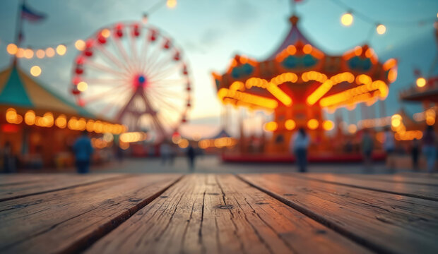 Empty wooden table with blurred amusement park in background. Funfair features glowing carousel, ferris wheel at dusk. Festive carnival atmosphere for summer fun, celebration. Nostalgic outdoor - Powered by Adobe