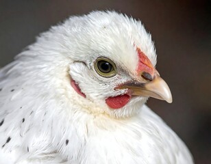 A close-up portrait of a fluffy white chicken with a red comb and wattle