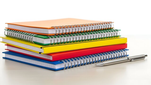 Stacked colorful spiral-bound notebooks with pen on a white surface against a white backdrop