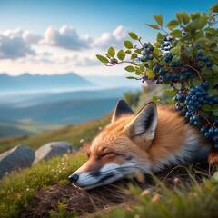A fox resting beside ripe blueberries with a dreamy beautiful background