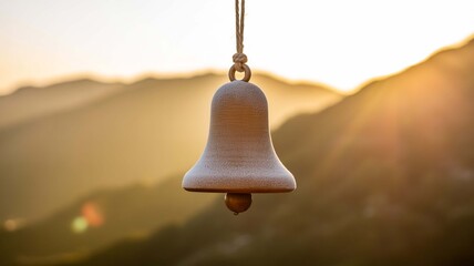 Peaceful moment with rustic bell hanging against stunning mountain sunrise, evoking serenity and connection with nature, perfect for travel blog or spiritual retreat promotion
