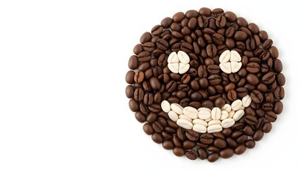 A smiley face made of coffee beans and white beans on a white background in a studio shot