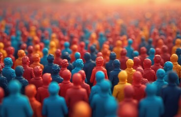 Close-up of many small figures in red blue and yellow colors. They stand together as a crowd representing diversity and unity. People grouped in a community facing forward.