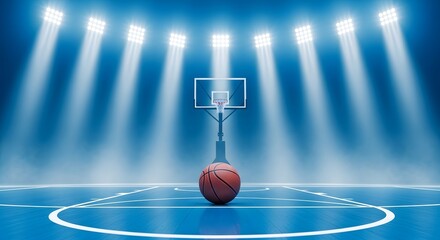 A basketball on a blue court under bright spotlights facing the hoop and backboard in a stadium