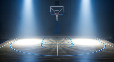 A basketball court with a hoop and blue lines illuminated by bright spotlights from above the court