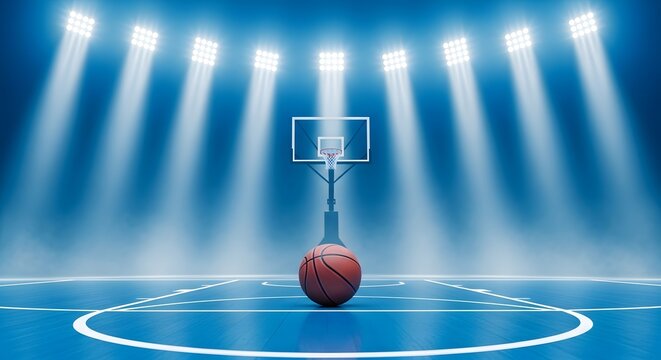 A basketball on a blue court under bright spotlights facing the hoop and backboard in a stadium - Powered by Adobe