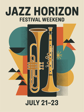 Vintage-style jazz poster with trumpet and clarinet silhouettes framed by bold geometric shapes on a warm beige background with halftone textures
