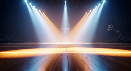 Illuminated basketball court with bright spotlights shining on the polished wooden floor and basketball hoops