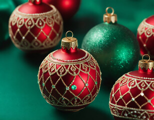 Macro shot of handcrafted red christmas ornaments with intricate patterns on emerald green backdrop, shallow depth of field