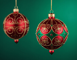 Macro shot of handcrafted red christmas ornaments with intricate patterns on emerald green backdrop, shallow depth of field