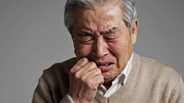Elderly Asian Man Experiencing Overwhelming Sorrow, A Portrait of Grief and Pain, A Visual Narrative