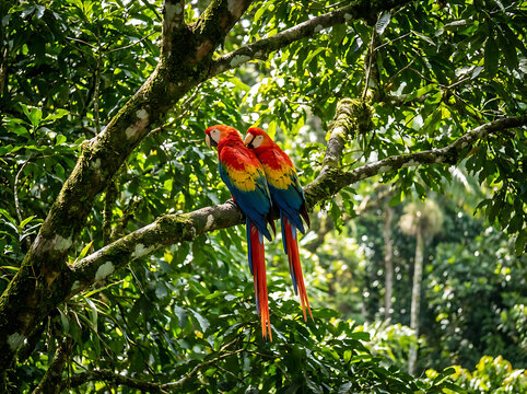 Two scarlet macaws perched on a mossy branch in a lush green tropical rainforest canopy scene