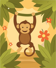 Playful Jungle Monkey Vector Style Illustration for Book Cove