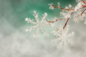 Close up of delicate ice crystals forming snowflakes on bare tree branches against a soft misty background