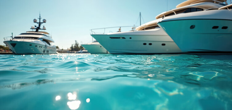 Luxury yachts moored in marina with clear turquoise water. Expensive vessels in serene ocean scenery. Private boats in harbor on sunny day. Elegant super yachts in clearwater. Millionaire retreat at