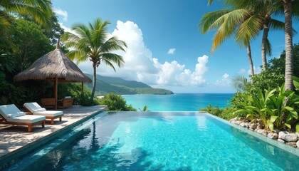 Infinity swimming pool overlooks turquoise ocean bay. Palm trees shade lounge chairs on wooden deck. Tropical resort offers luxury vacation relaxation by blue sea.