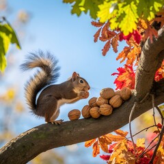 A squirrel gathering ripe walnuts on a bright beautiful background