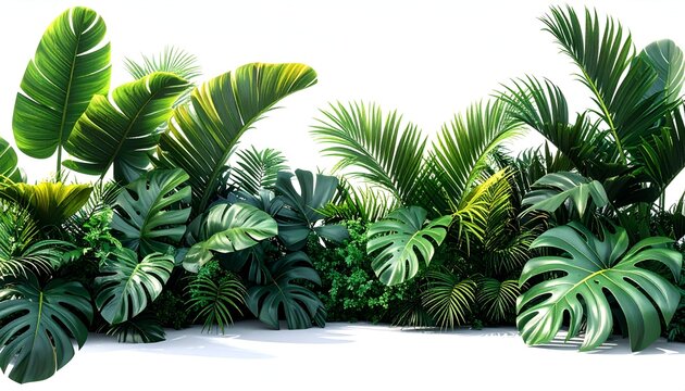 Lush, vibrant green tropical foliage with various leaf shapes and sizes against white - Powered by Adobe