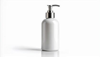 Obraz premium White pump bottle for cosmetics or soap on a clean white background, perfect for product mockups and beauty branding