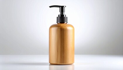 Obraz premium Minimalist wooden pump bottle for natural cosmetic products, soap, or lotion on a clean white background. Eco-friendly packaging design concept.
