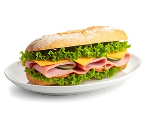 Close-up of sandwich, ham, cheese, and lettuce on white plate