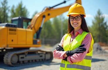 Cheerful young woman in yellow hard hat, safety vest, glasses smiles at construction site. Heavy yellow excavator in background. Confident female engineer, builder, worker at modern job site