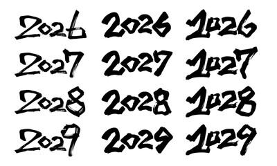 2026、2027、2028、2029と書いた筆文字と背景用の筆模様のベクター素材のセット