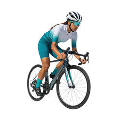 Fototapeta premium Focused South Asian female cyclist riding fast on modern road bike, cutout isolated on transparent background