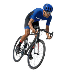 Naklejka premium Focused South Asian cyclist races hard wearing bright blue athletic gear, cutout isolated on transparent background