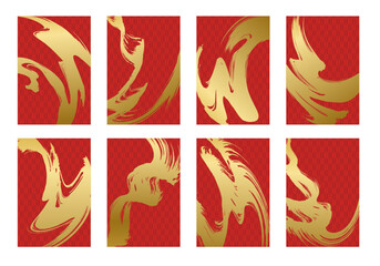 筆で描いた金色と赤色の和風背景素材のセット