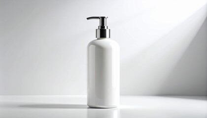 Obraz premium White pump bottle for cosmetics or hygiene products on a clean white background with subtle lighting, perfect for product mockups and branding.