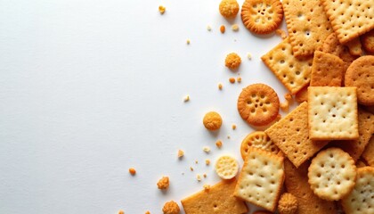 Crispy assorted crackers pile on white surface. Various shapes, textures, and colors displayed. Perfect for snacks, parties, or culinary presentations. Enjoy crunchy baked goods.