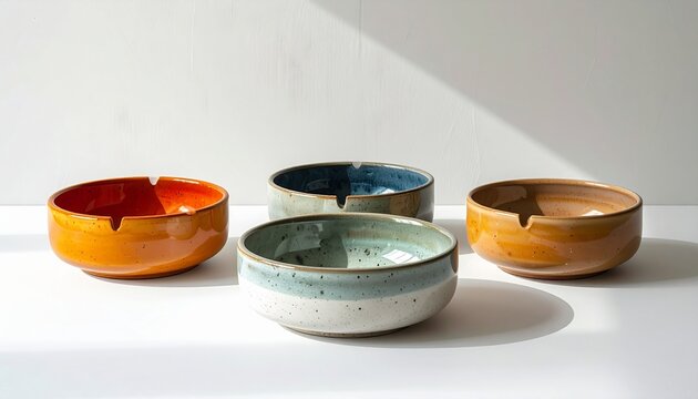 Set of four handmade ceramic ashtrays in various colors on white background with natural light and shadows, minimalist home decor