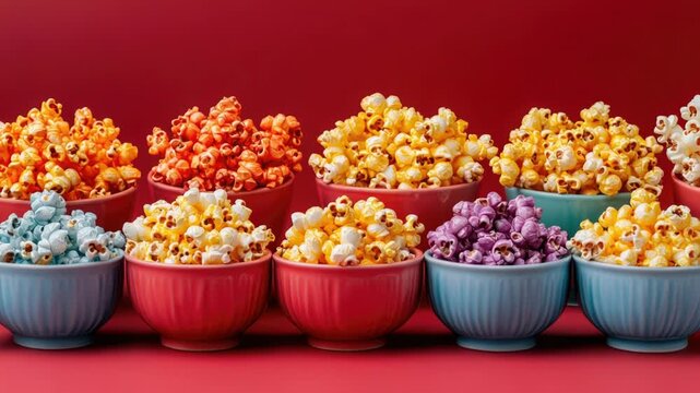 Video Assorted flavored popcorn in colorful bowls