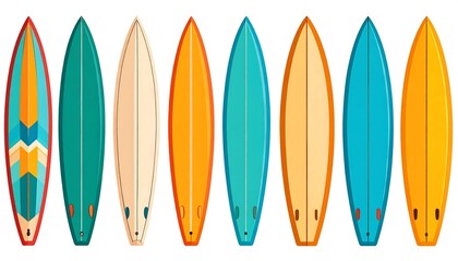 Colorful assortment of surfboards, ready for catching waves